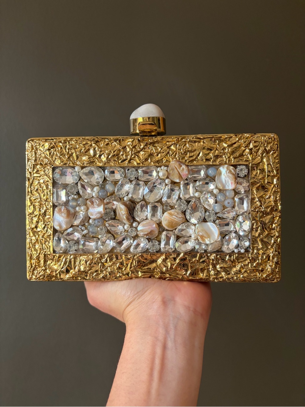 Gold Jeweled Box Clutch with Pearlescent Accents